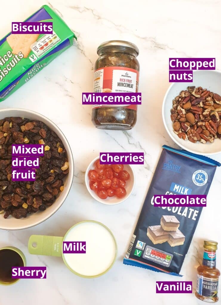 Ingredients for no-bake Christmas cake.