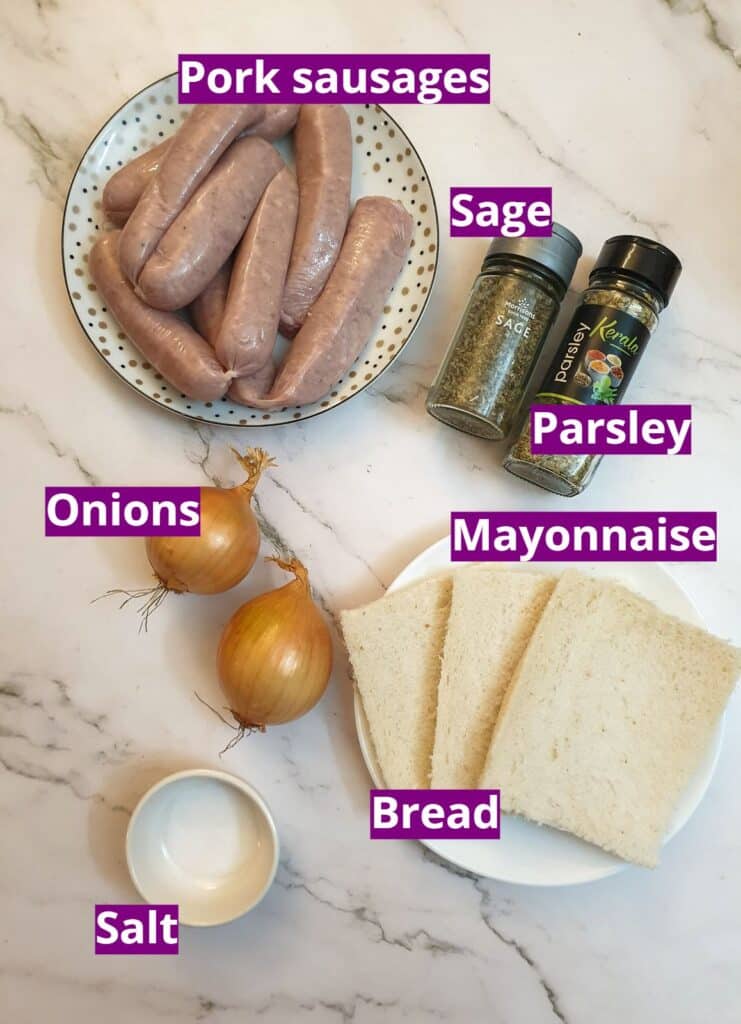 Ingredients for sage and onion pork sausage stuffing.