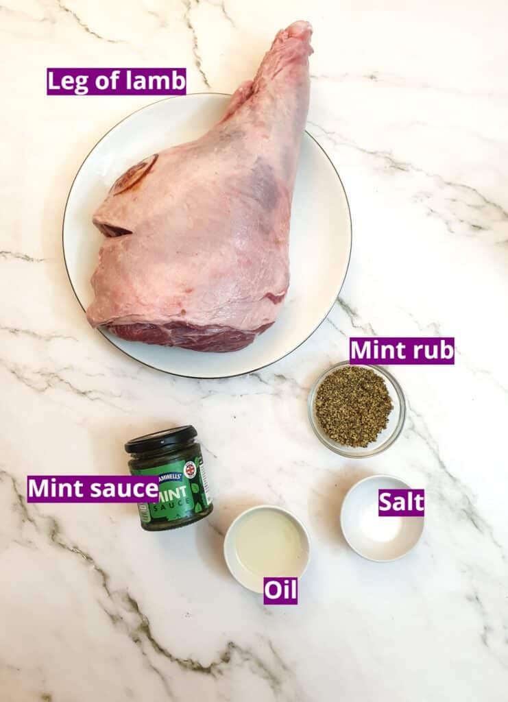 Ingredients for minted roast leg of lamb.