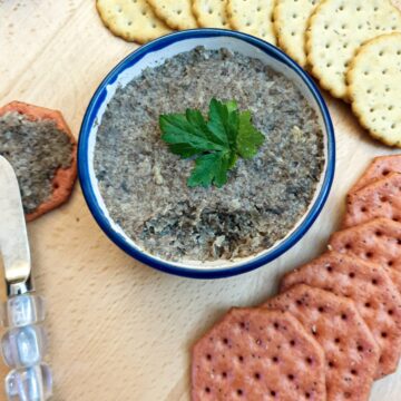 Close up of a bowl of mushroom pate showing the texture.