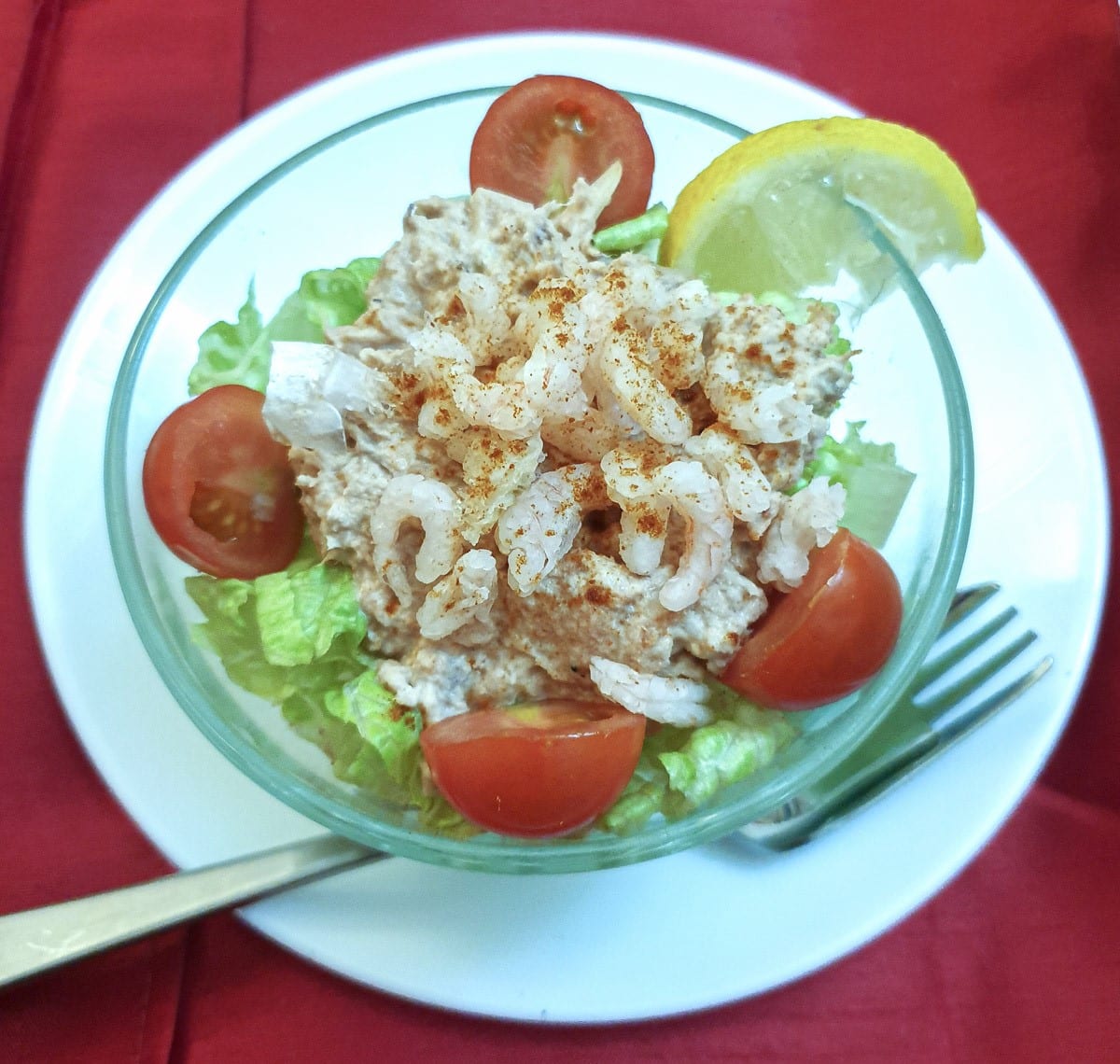 Overhead shot of a dish of poor man's crayfish.