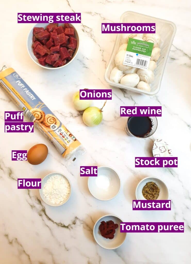 Ingredients for puff pastry steak and onion bakes.