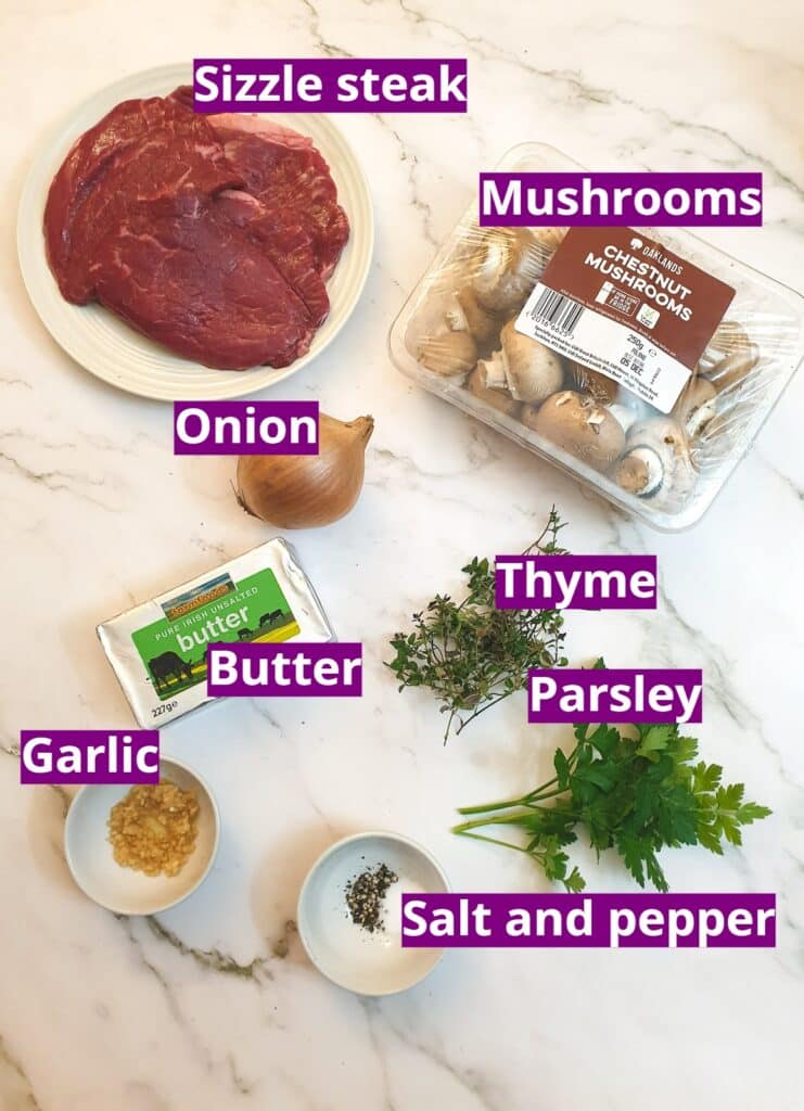 Ingredients for steak roulade with mushroom stuffing.