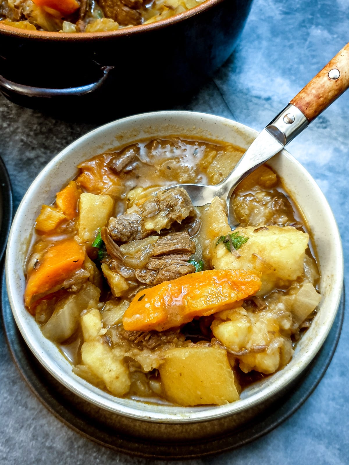Close up of a bowl of beef stew showing the tenderness of the meat.