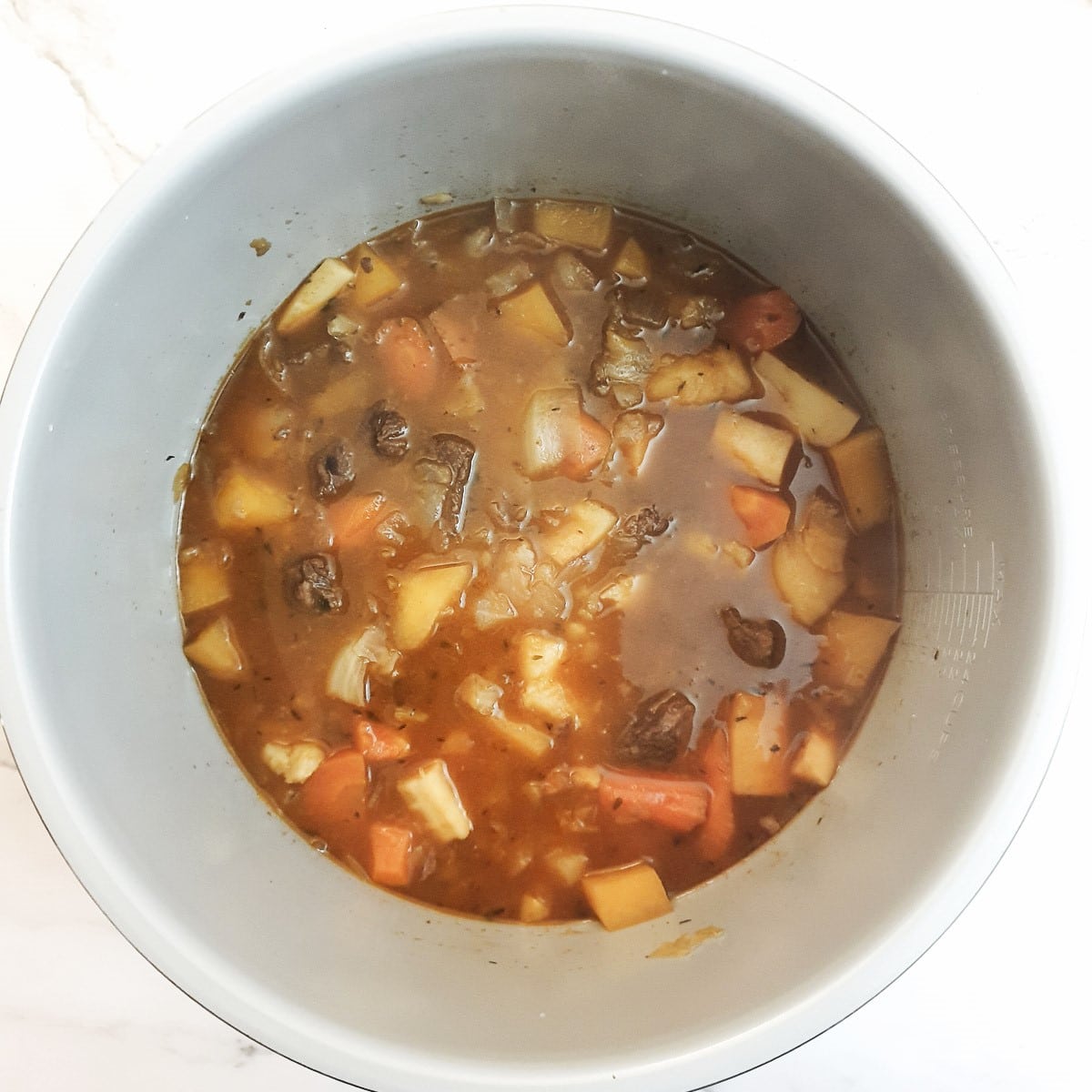 The cooked stew in a pressure cooker.