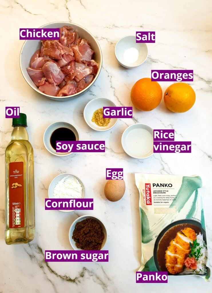 Ingredients for orange chicken.