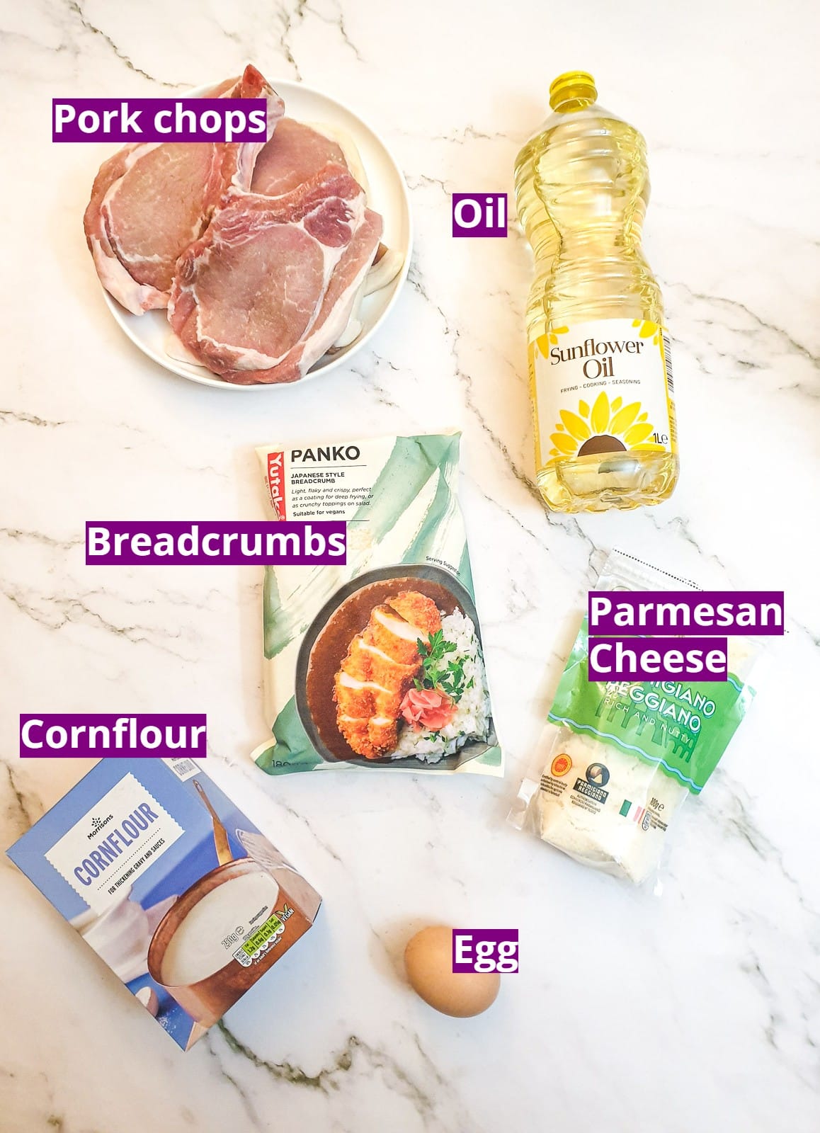 Ingredients for parmesan-crusted pork chops.