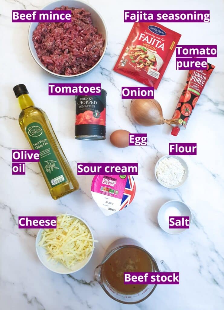 Ingredients for the filling of a tex mex beef pie.