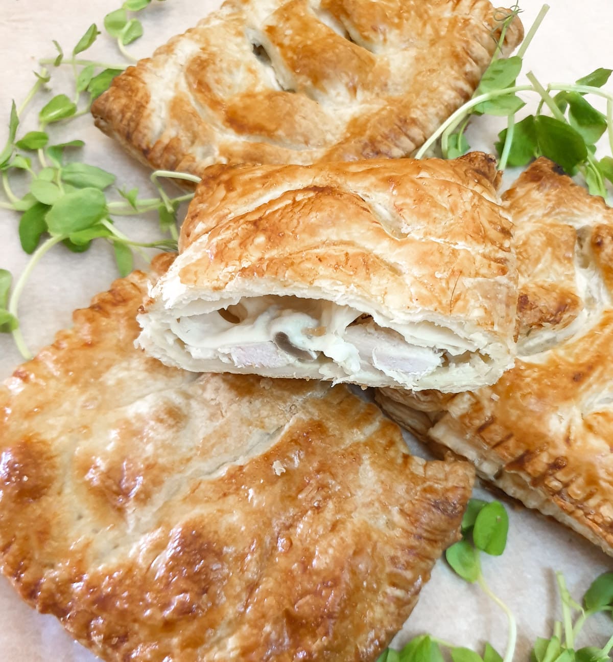 Close up of the inside of a chicken and mushroom  bake.