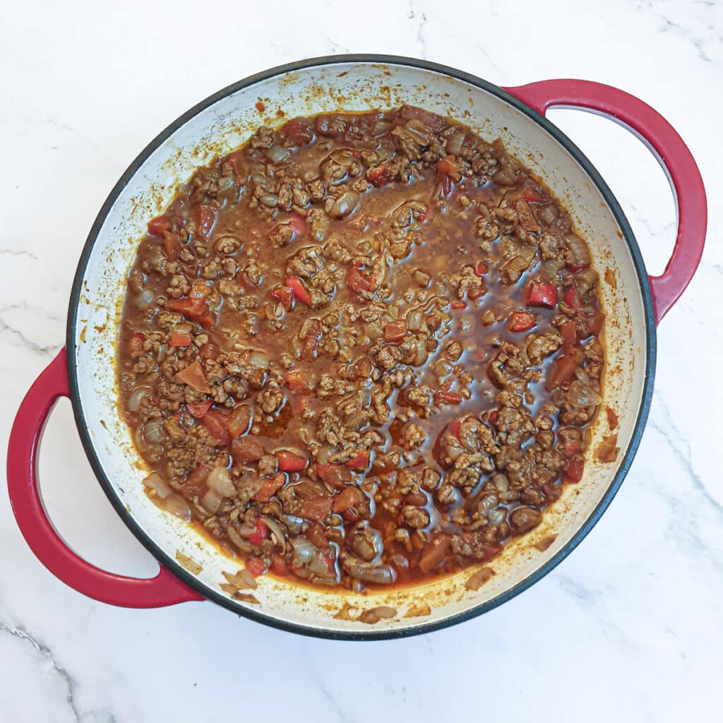 Lamb keema in a pan after cooking for 45 minutes.