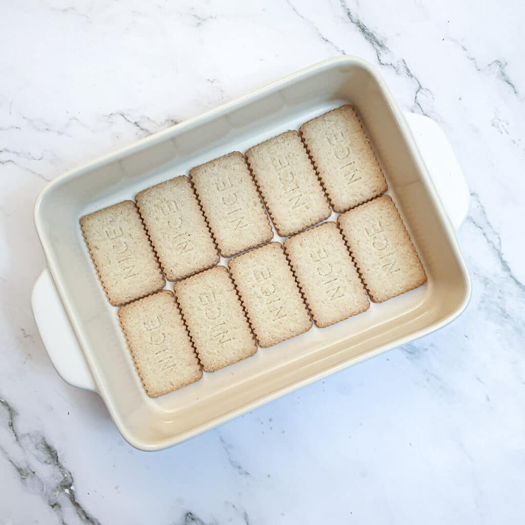 A layer of biscuits in a dish.