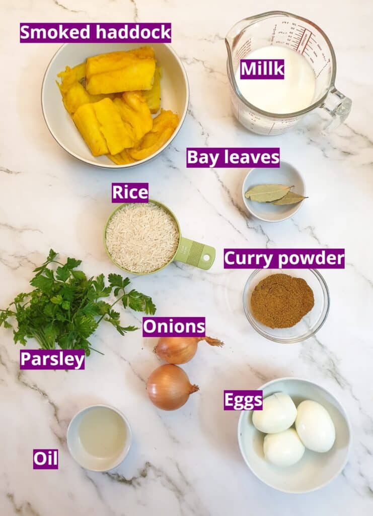 Ingredients for smoked haddock kedgeree.