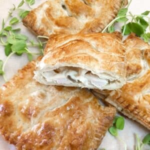 Close up of the inside of a chicken and mushroom bake.