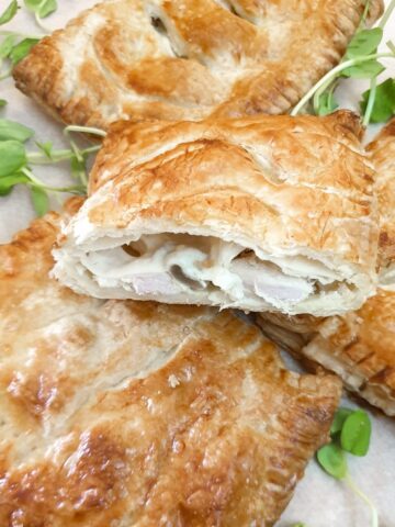 Close up of the inside of a chicken and mushroom bake.