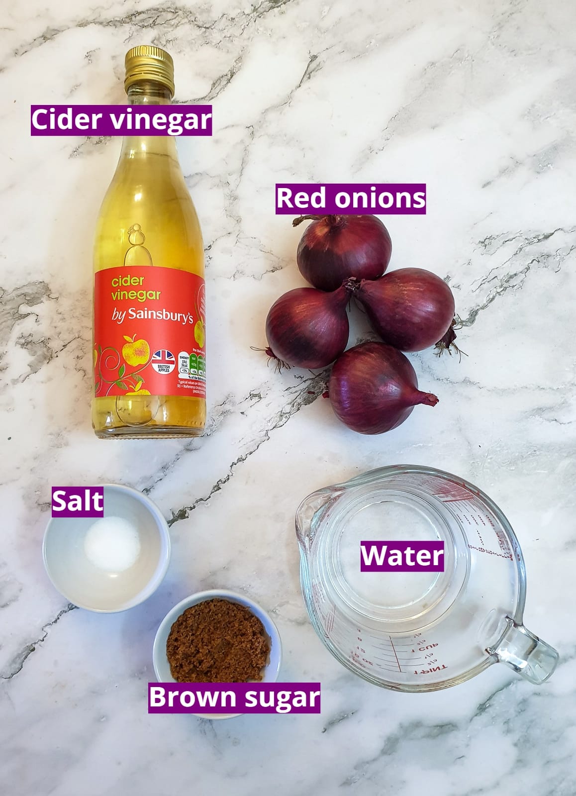 Ingredients for making pickled red onions.