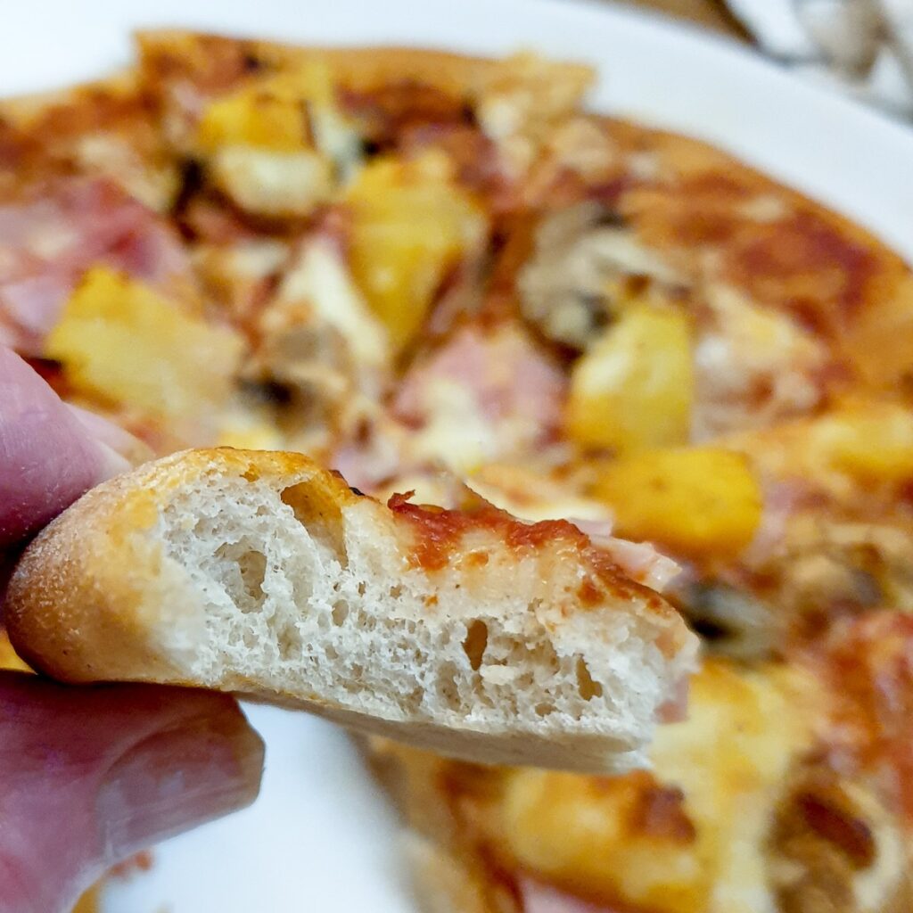 Close up of a cross section of pizza dough.