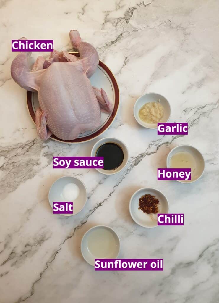 Ingredients for spatchcock chicken with honey, garlic and chilli marinade.