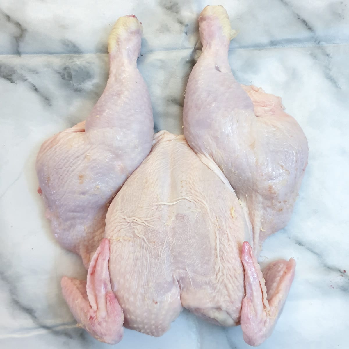 A spatchcock chicken opened out to lay flat.