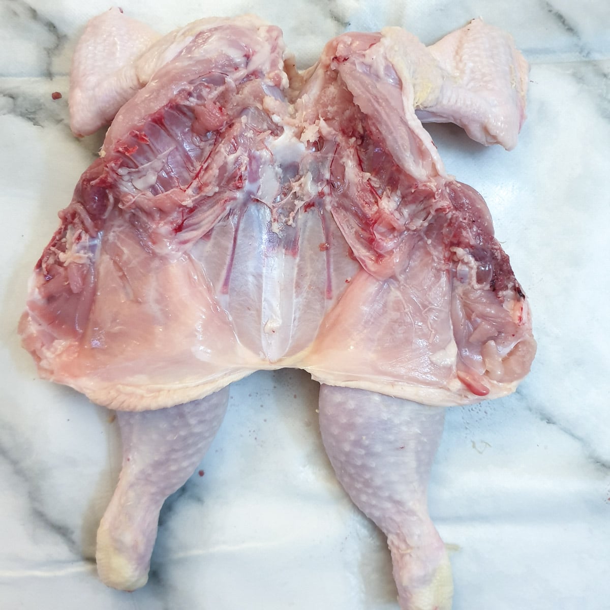 A spatchcock chicken opened to show the inside.