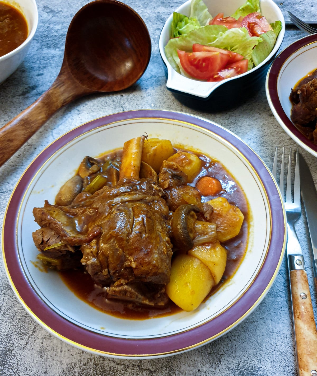 A lamb shank in a dish surrounded by vegetables and thick tomato gravy.