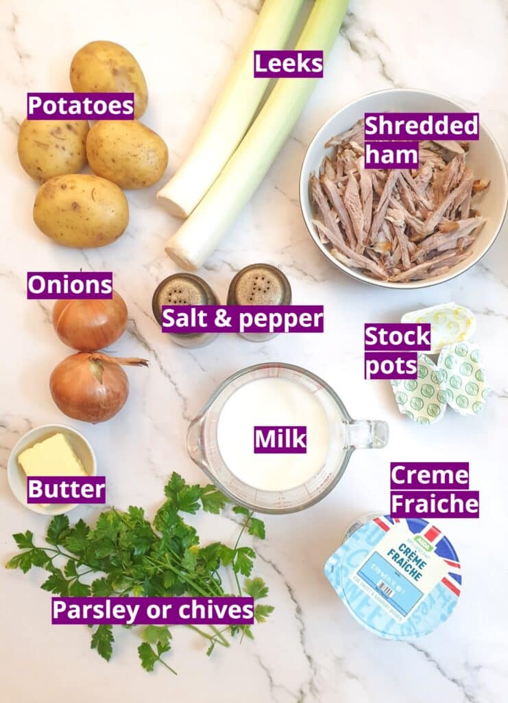 Ingredients for potato and leek soup.