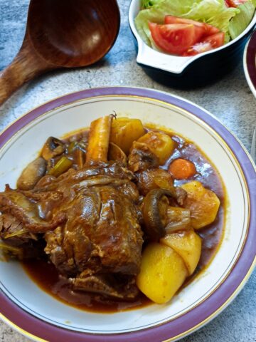 A lamb shank in a dish surrounded by vegetables and thick tomato gravy.