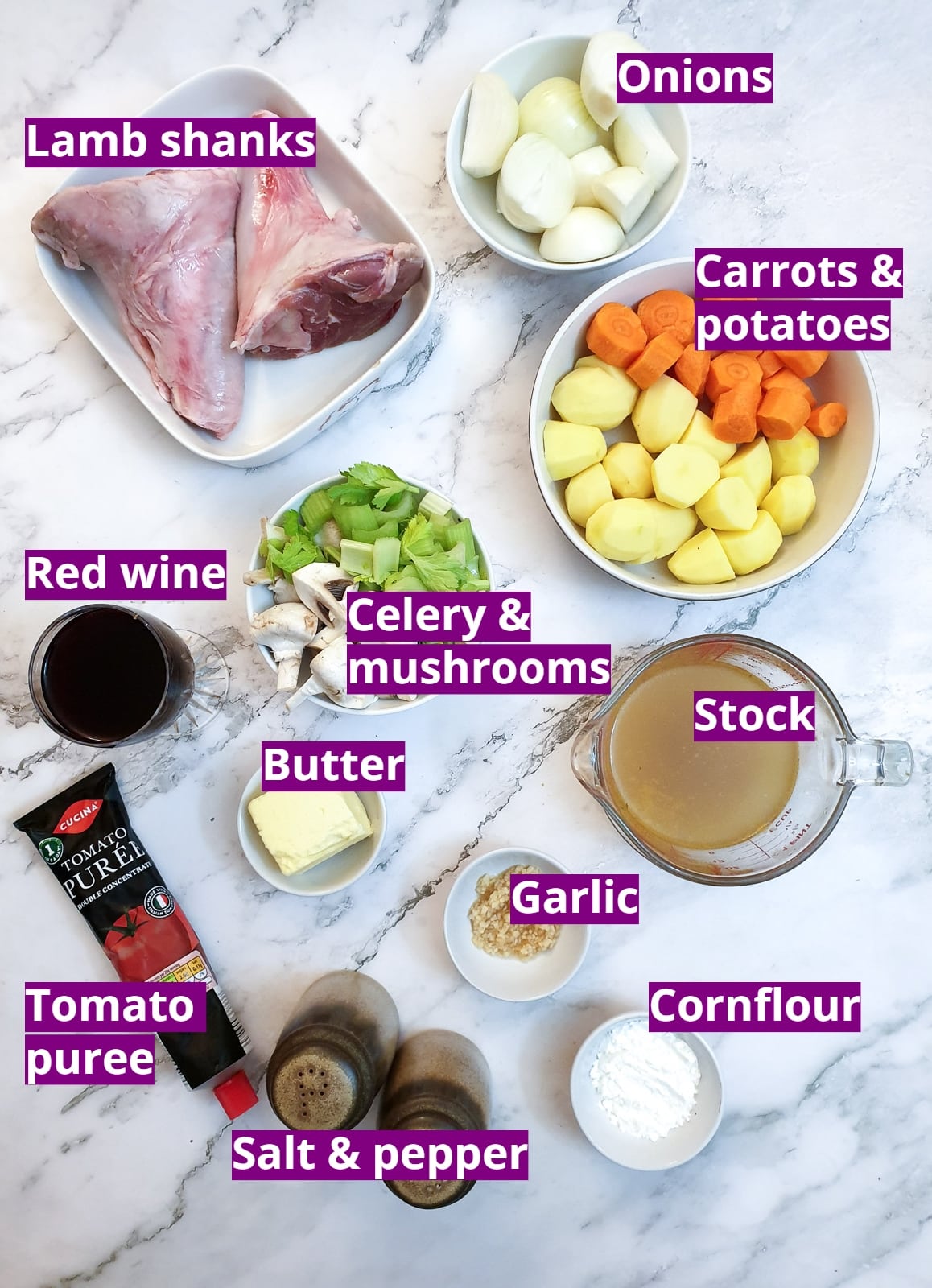 Ingredients for making pressure cooker lamb shanks in a rich tomato gravy: