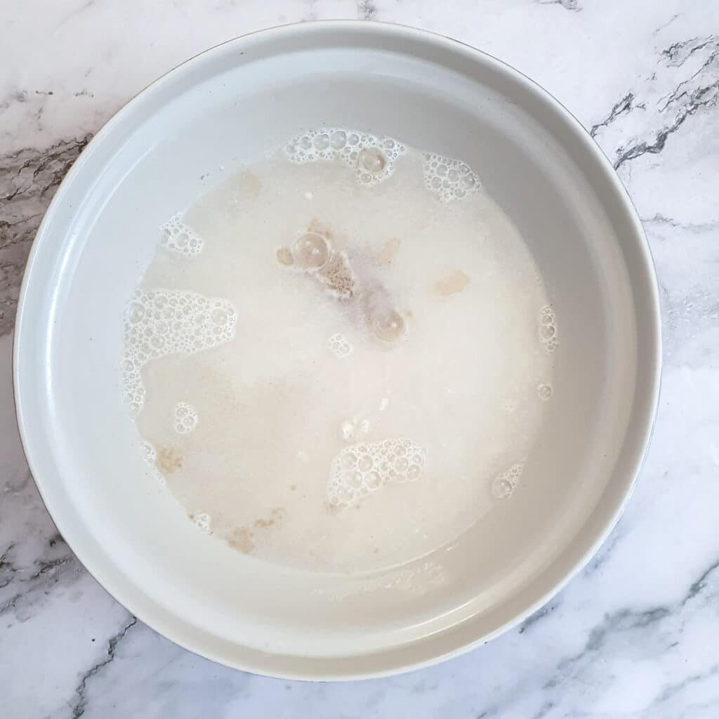 Flour, water, yeast and salt in a mixing bowl.