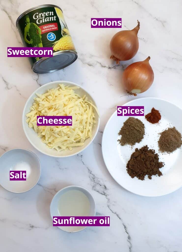 Ingredients for cheese and sweetcorn samosa filling.
