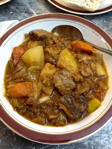A plate of lamb stew in a red-rimned dish with a spoon.