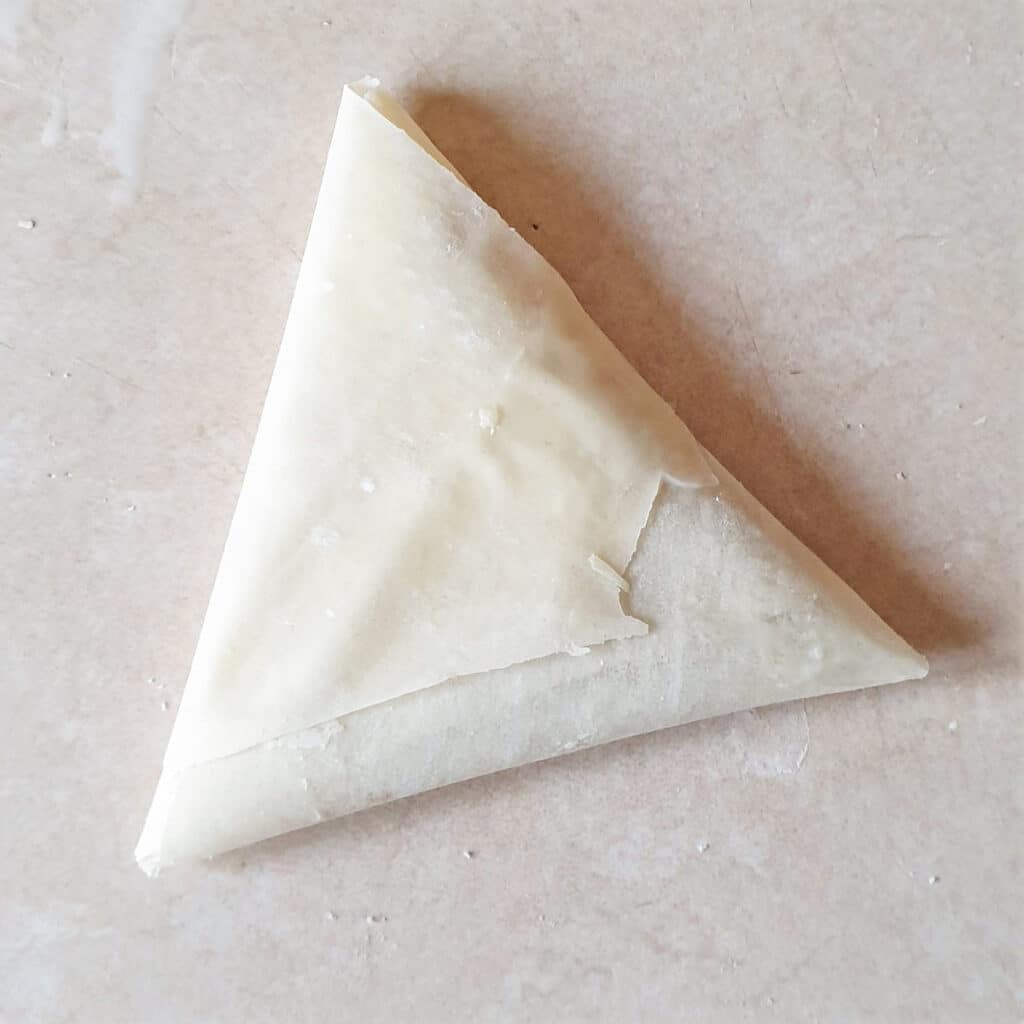 A fully assembled samosa.