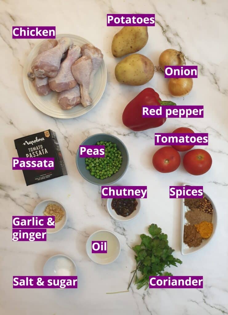 Ingredients for chicken bhuna with Bombay potatoes.