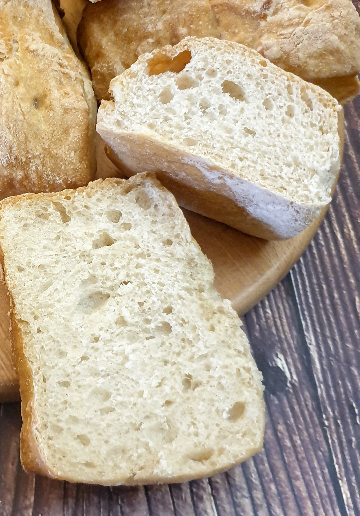 Close up of the inside of a ciabatta roll.