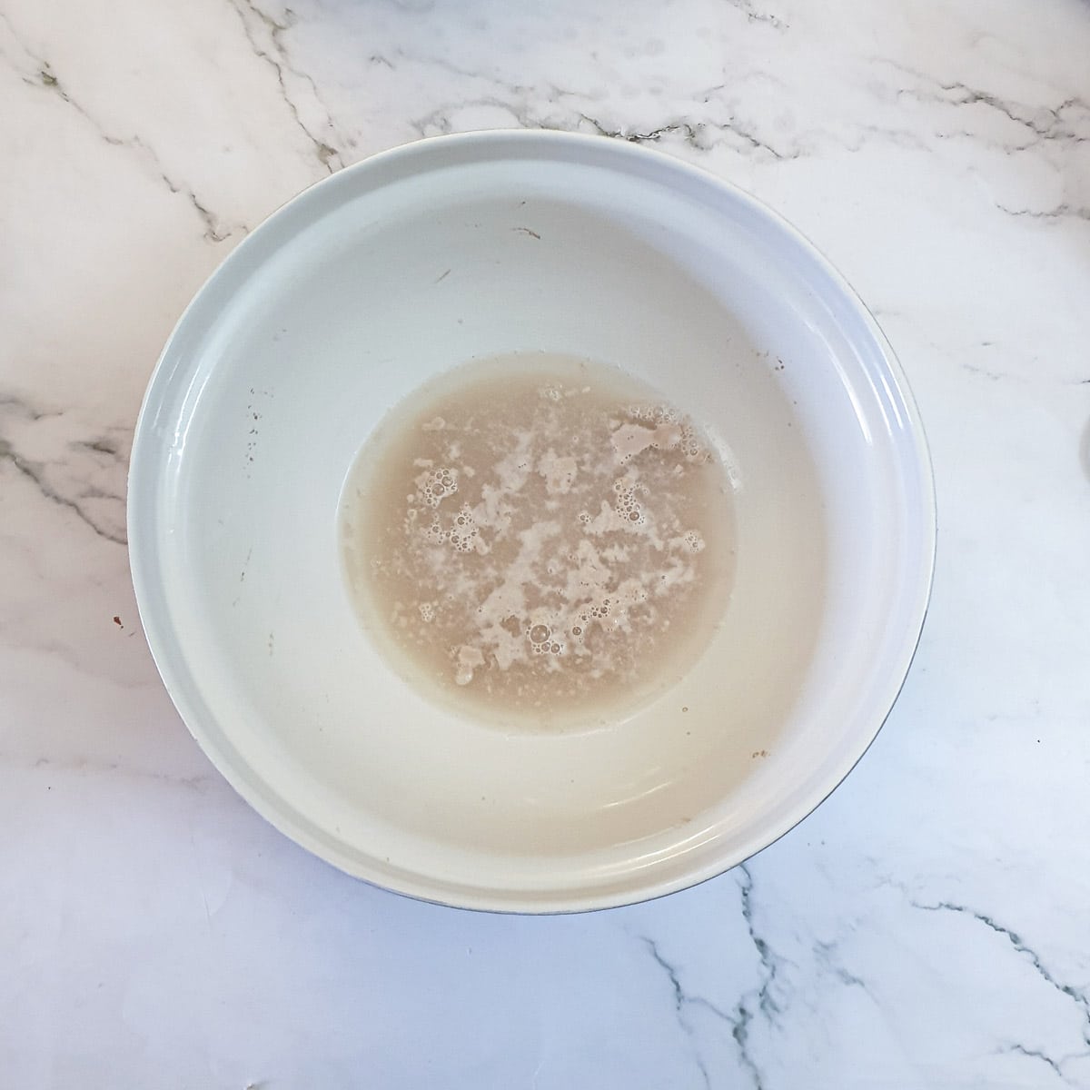 Instant yeast granules frothing in a bowl of water.