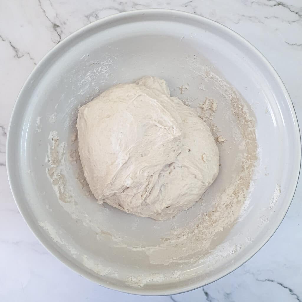 Ciabatta dough ready for forming into rolls.