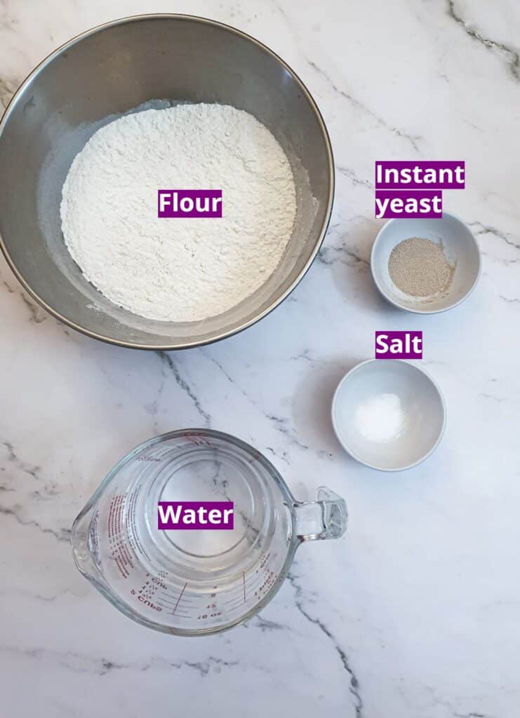 Ingredients for easy ciabatta rolls.