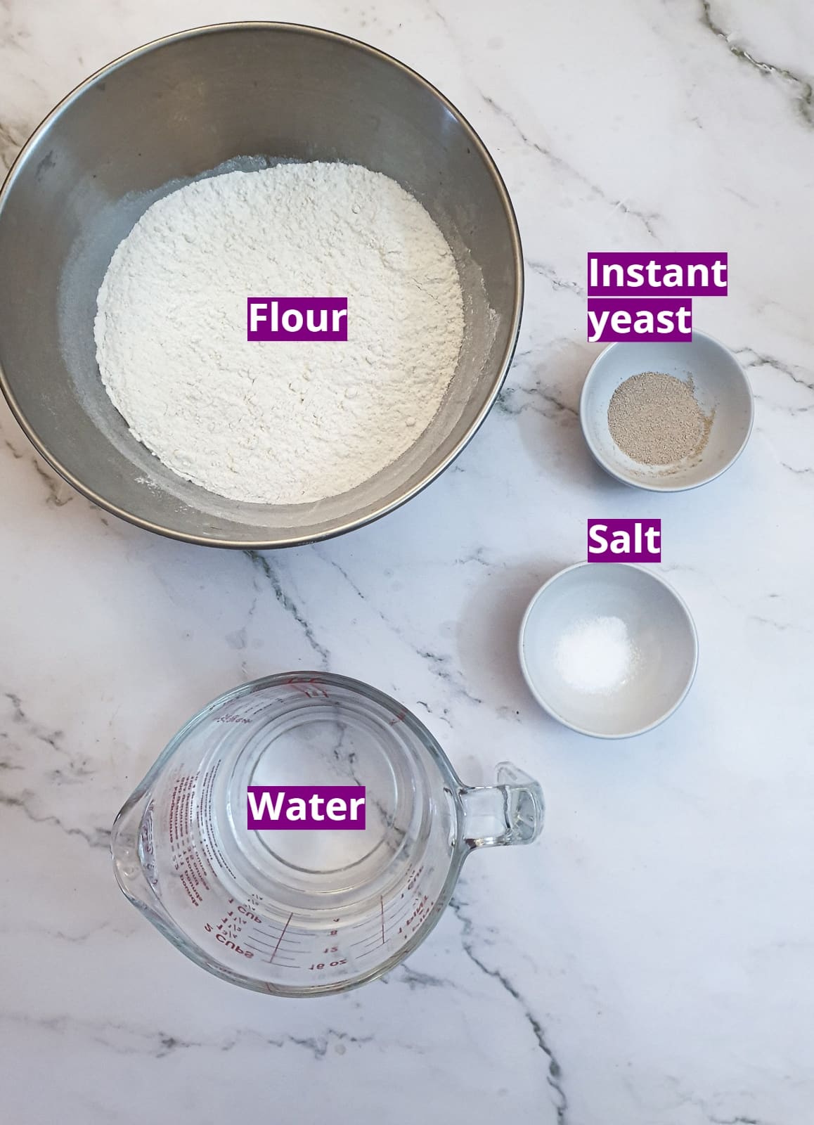 Ingredients for easy ciabatta rolls.