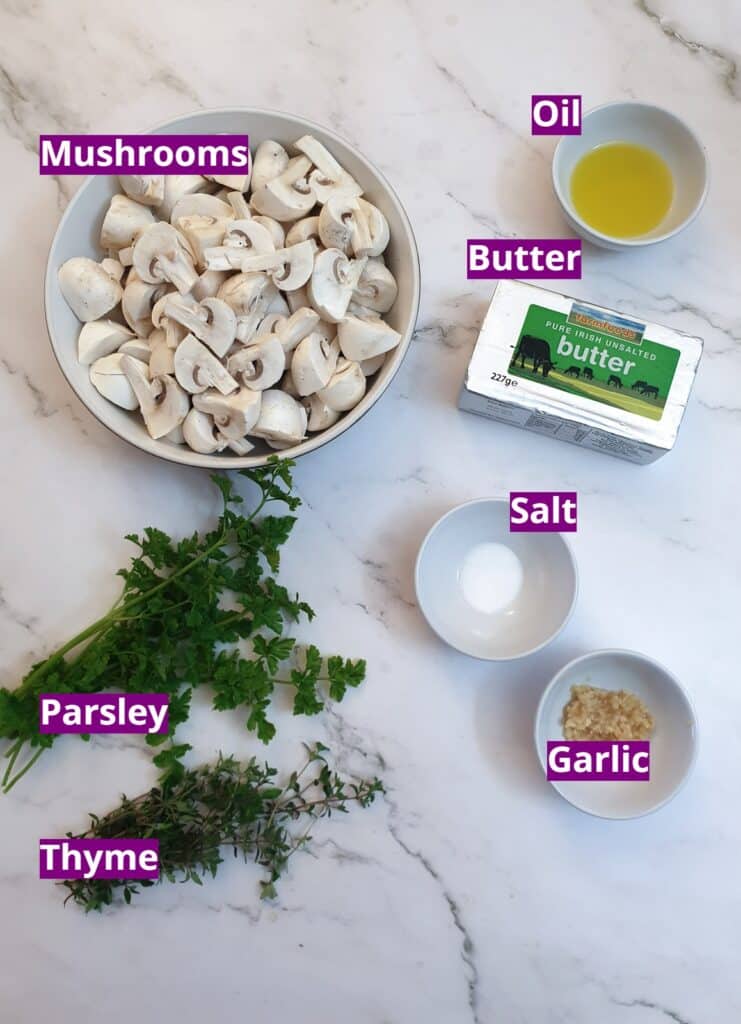 Ingredients for easy garlic mushrooms.