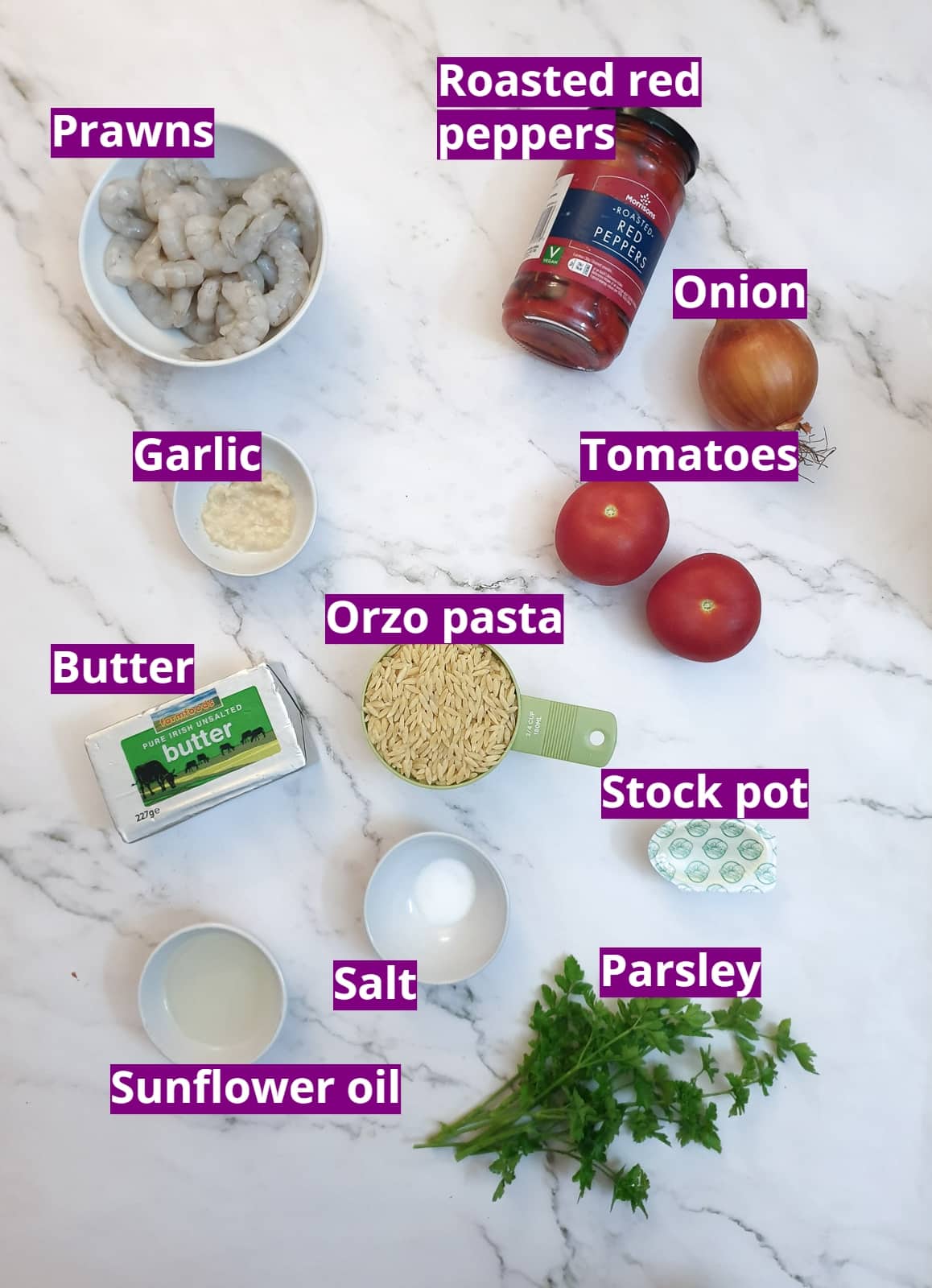 Ingredients for roasted red pepper pasta with prawns.