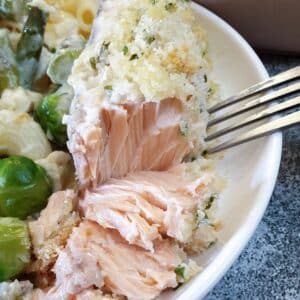 A piece of salmon topped with cheesy breadcrumbs being flaked with a fork.