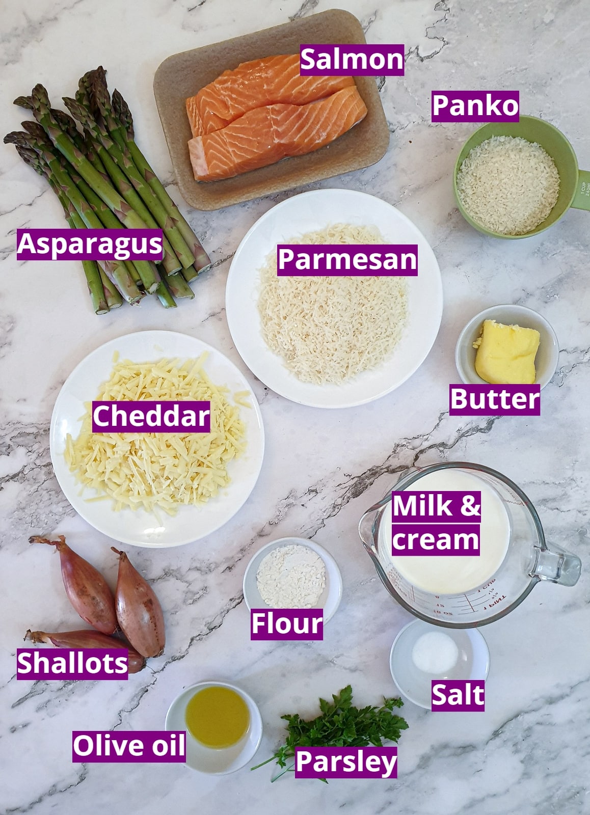 Ingredients for salmon and asparagus gratin.