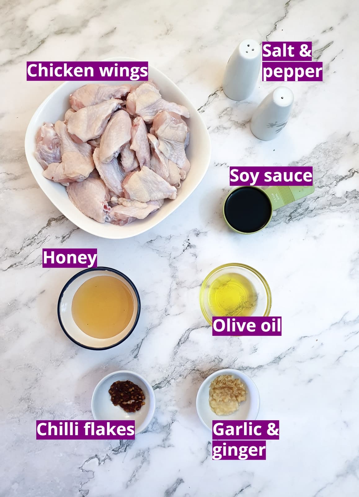 Ingredients for honey-glazed chicken wings.