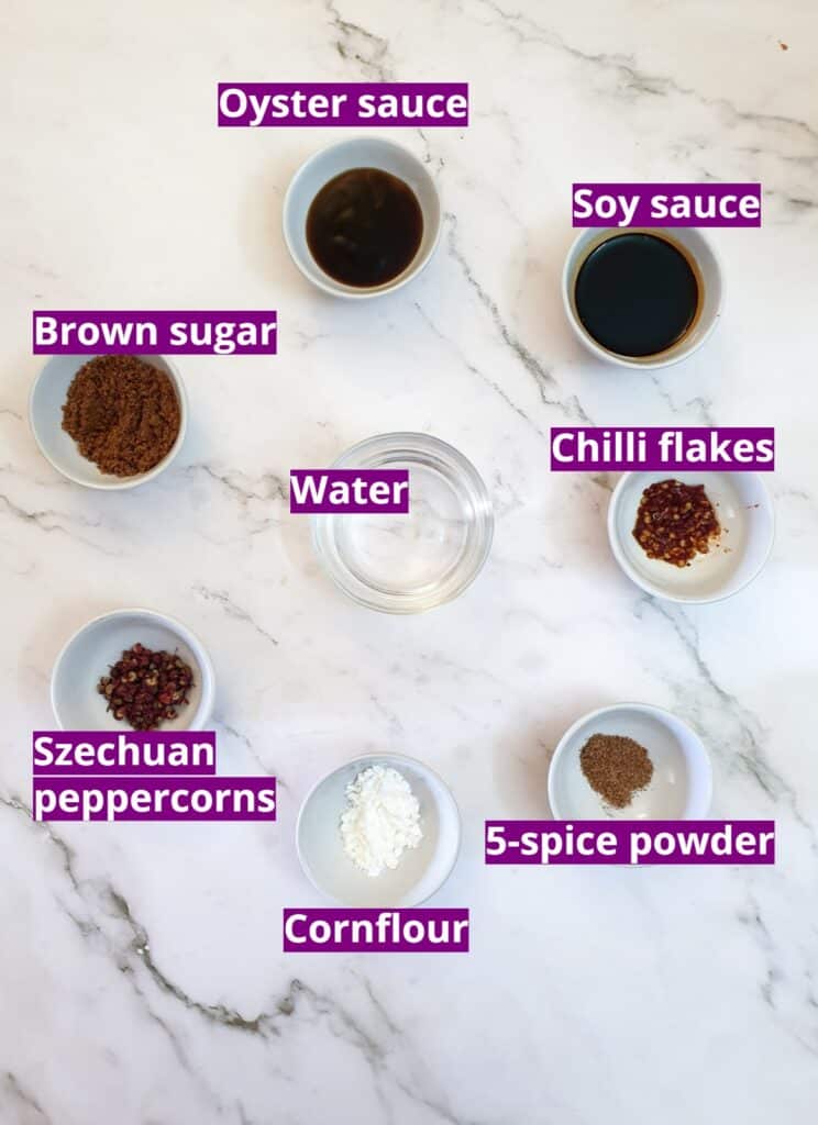 Ingredients for the sauce component of Szechuan beef stirfry.