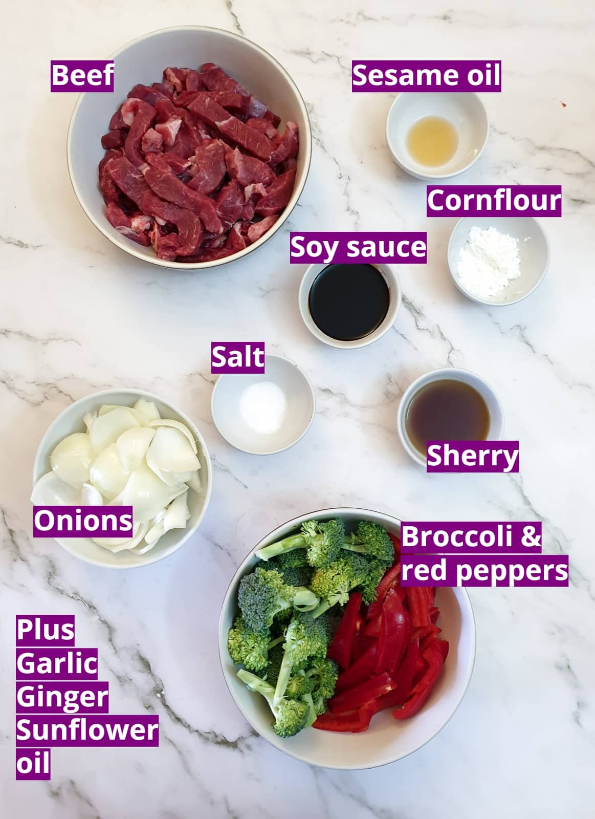 Ingredients for the meat and vegetable component of Szechuan beef stirfry.