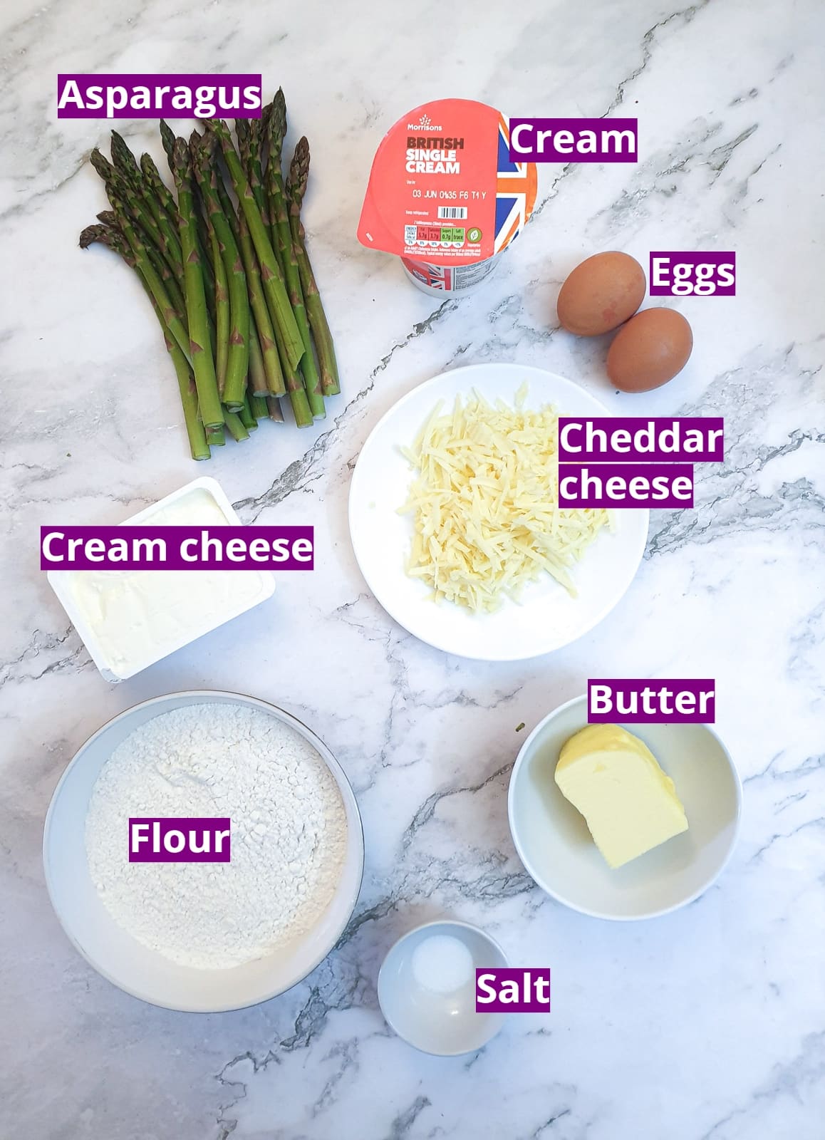 Ingredients for cheese and asparagus quiche.