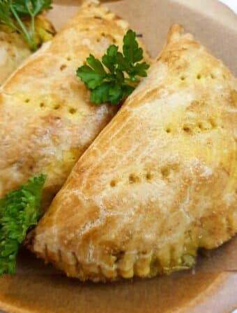Closeup of a curried chicken pie on a plate.