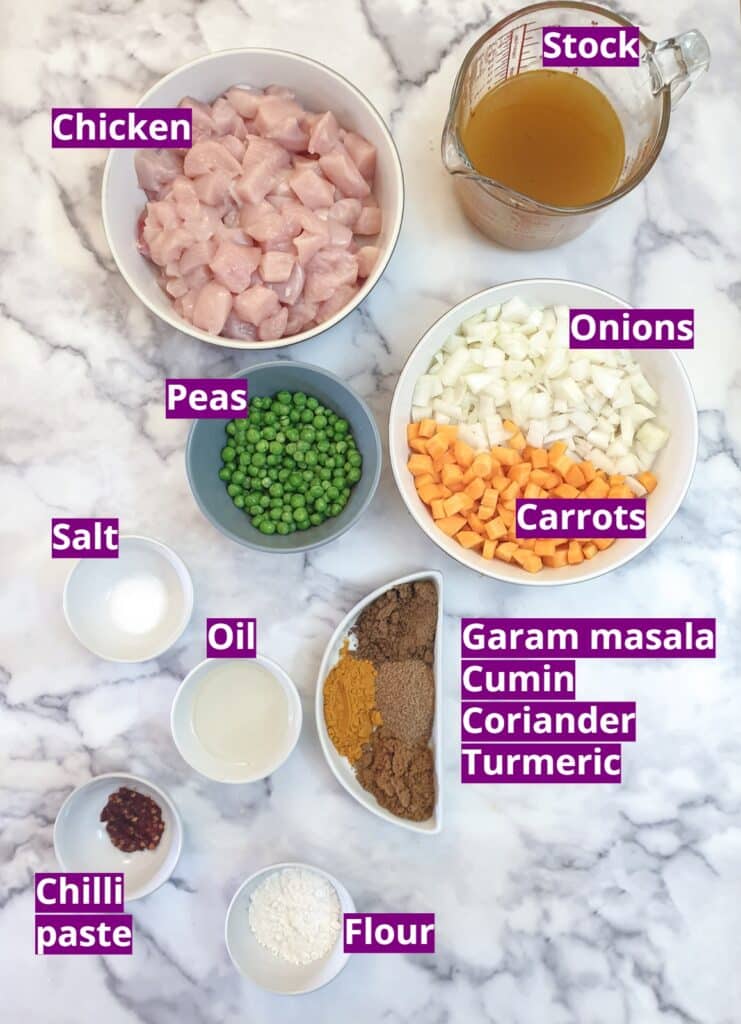 Ingredients for making curried chicken filling for the pies.