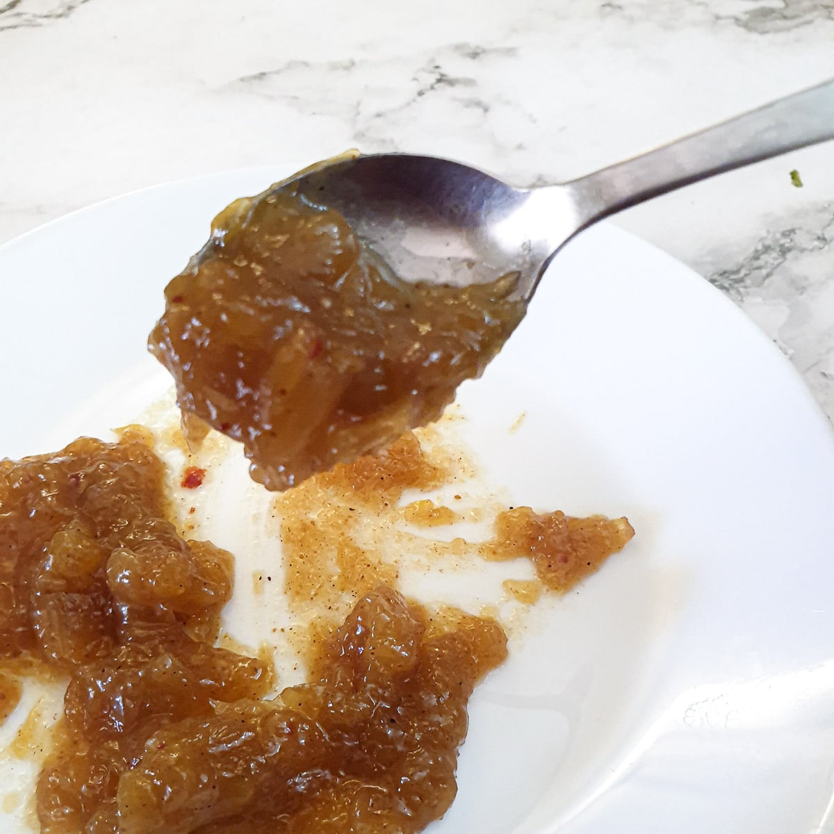 Mango chutney on a teaspoon showing the consistency.