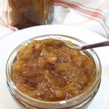 Closeup of a dish of mango chutney.