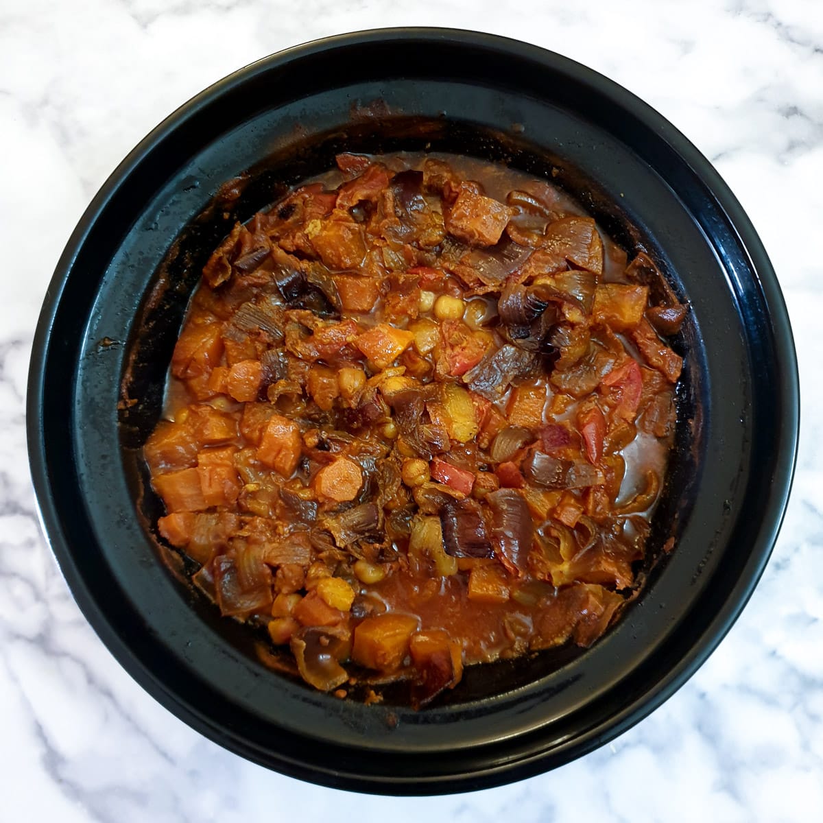 Moroccan lamb tagine after being cooked for 1.5 hours.